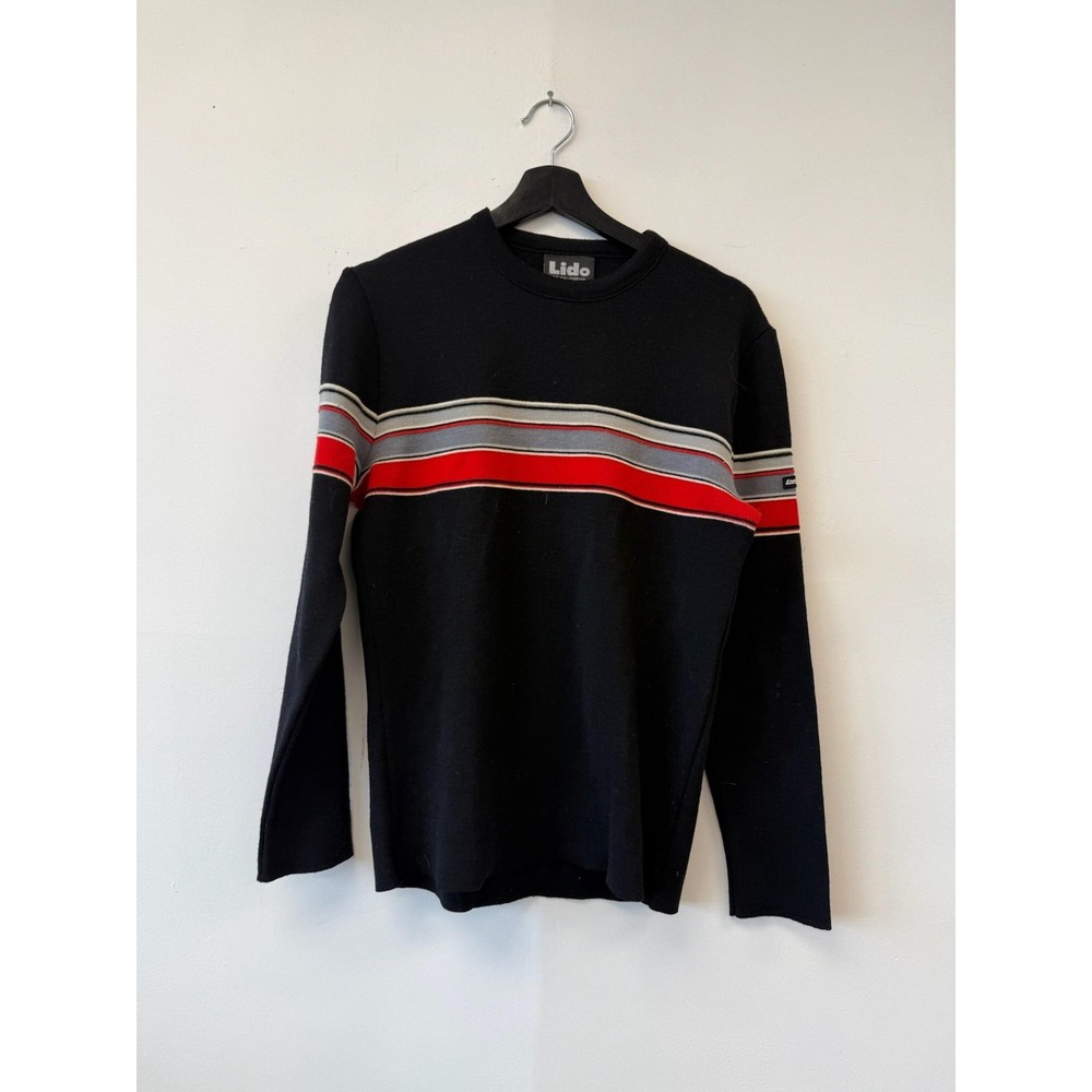 Vintage Lido Winter Sweater Small Black‎ Red Stripe Skiing Crewneck Pullover 80s